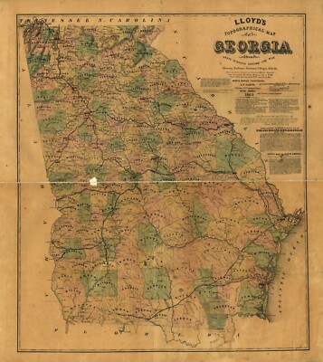 22'' x 24'' 1864 Map Lloyd's topographical map of Georgia from state surveys