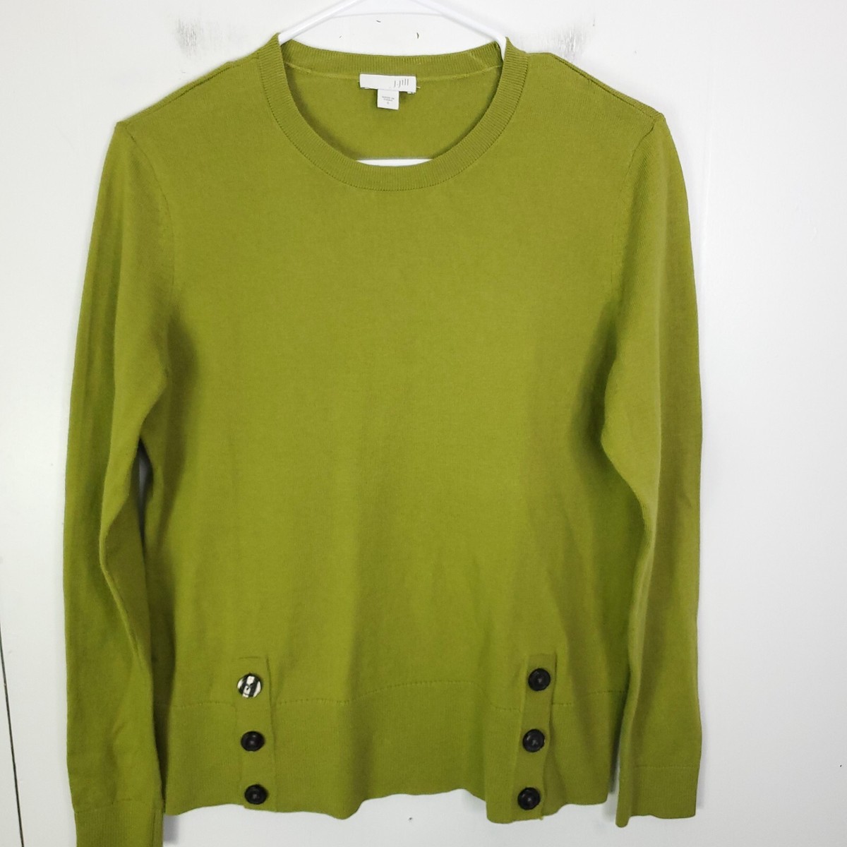 J Jill Sweater Womens S Pea Green Button Split Hem Crew Neck