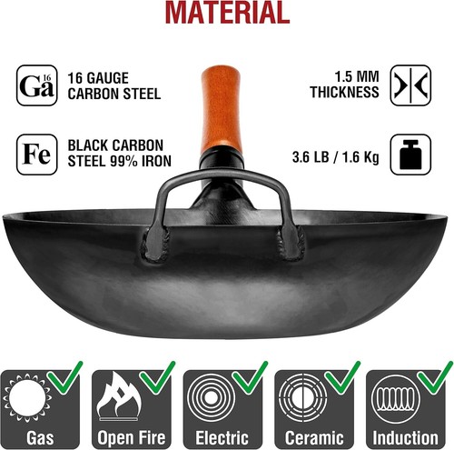 Yosukata Carbon Steel Wok Stir Fry Pan with Flat Bottom Black Durable Cookware - Picture 5 of 9