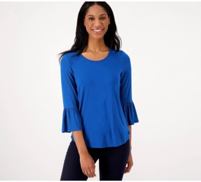 Susan Graver Cool Touch 3/4 Bell Sleeve Scoop Neck Top Size XXS Blue NEW