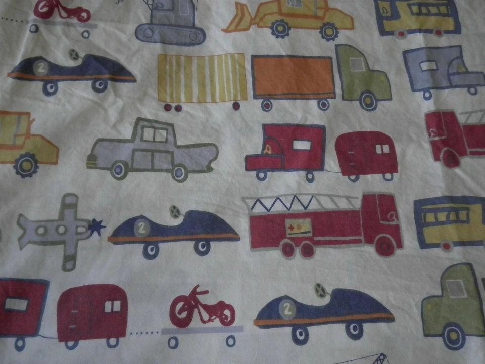 Pottery Barn Kids Patrick Twin Flat Sheet Trucks Cars Trains Crane Plane White - Image 4 of 4