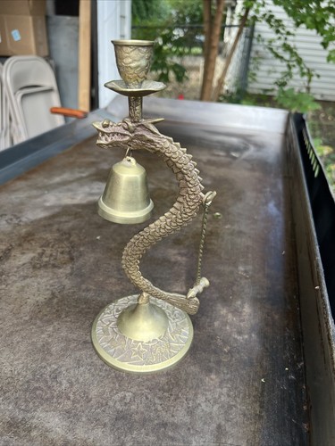Vtg 10.5” Brass Asian Dragon Candlestick Holder With Bell & Hammer Stamped Korea - Picture 4 of 5