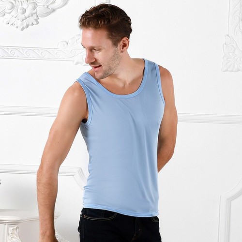 Men's Pure Silk Tank Top Vest Sleeveless Knitted Leisure Crew Neck Soft White - Picture 4 of 15