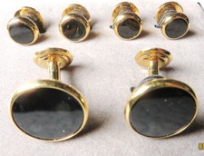 Gold Cufflinks  4 Studs Classic Round Design Gold Tone  Onyx