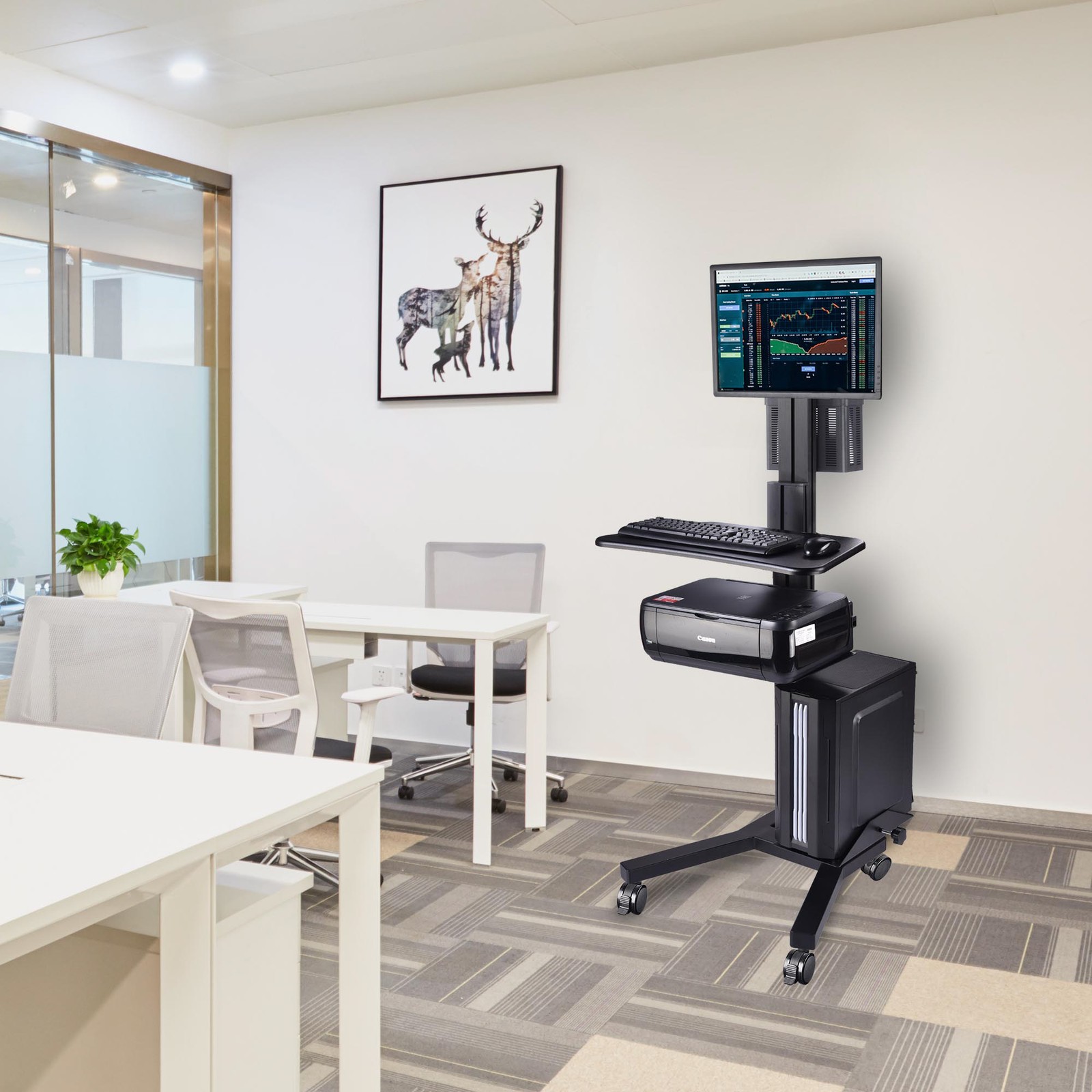 Rolling PC Cart Monitor Mount Mobile Computer Workstation Stand Adjustable Desk