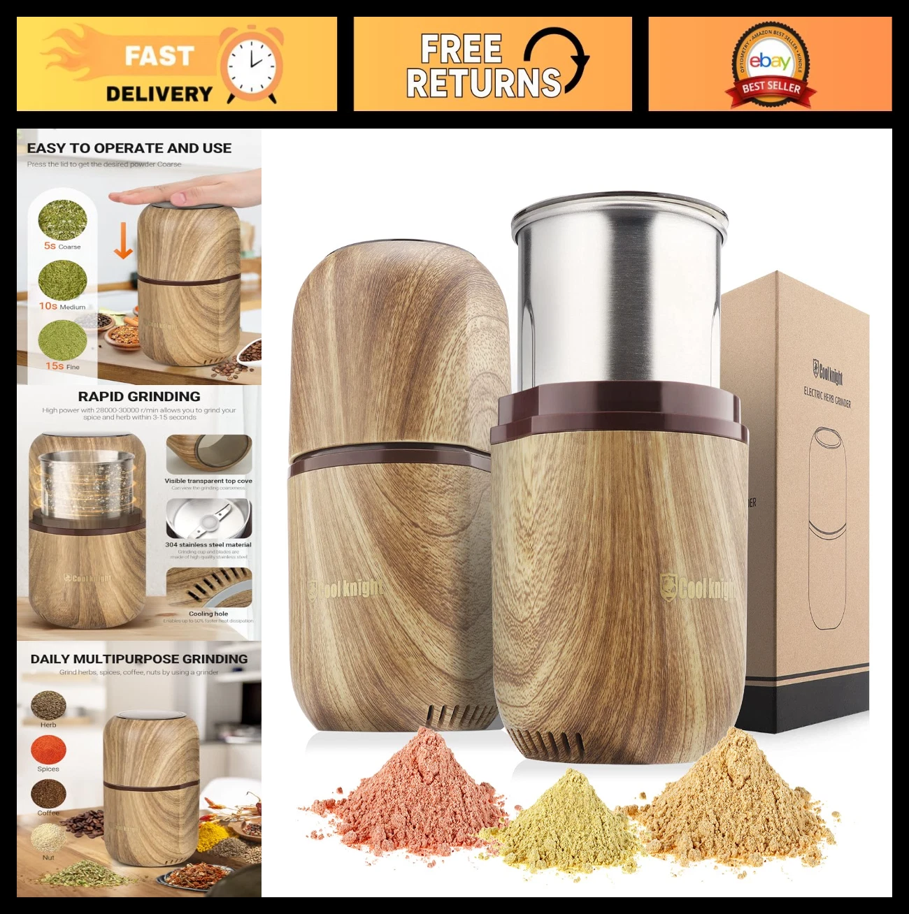 Electric Herb Grinder - Large Capacity, High Speed Spice Mill, Wood Grain Finish