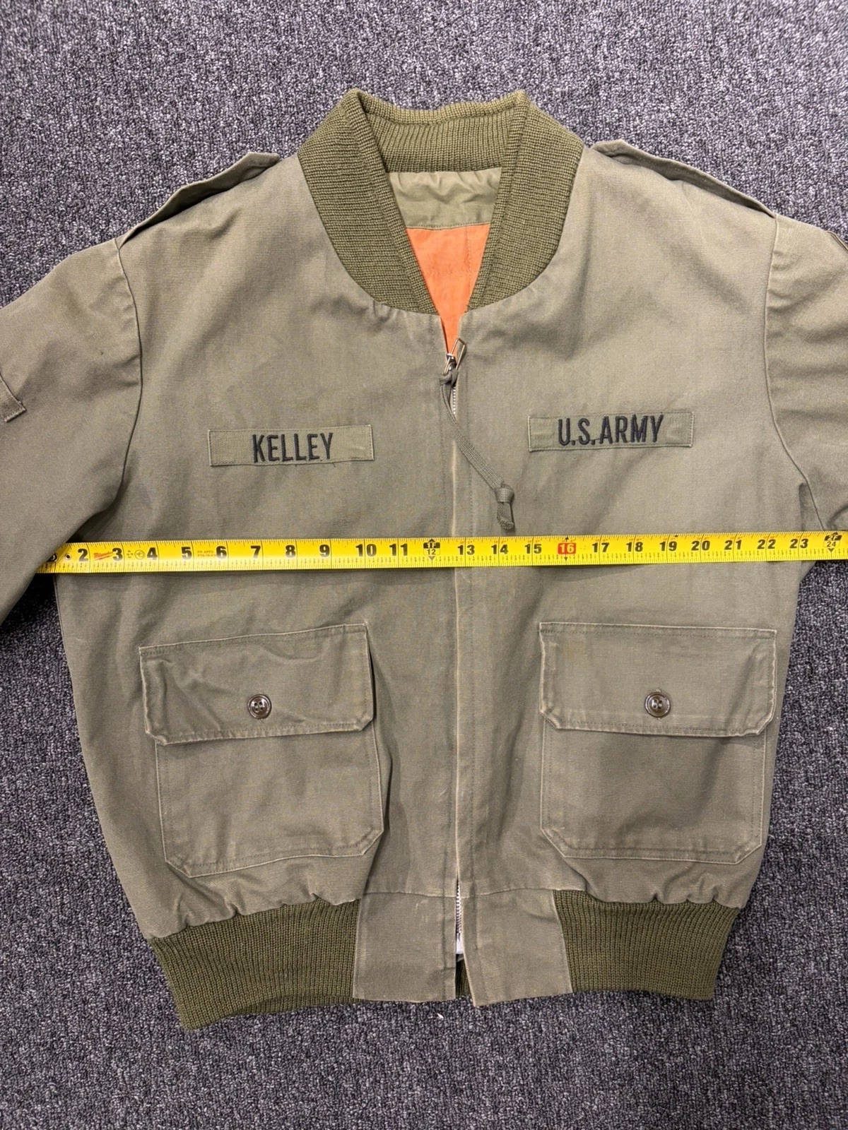 Vintage US Army Flight Jacket Olive Green Orange Lining Name Tape Patch M L image 4