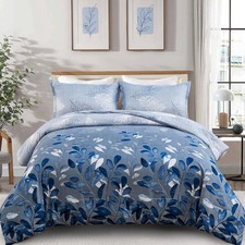 DJY Blue Comforter Set Queen, Navy Botanical Leaves for