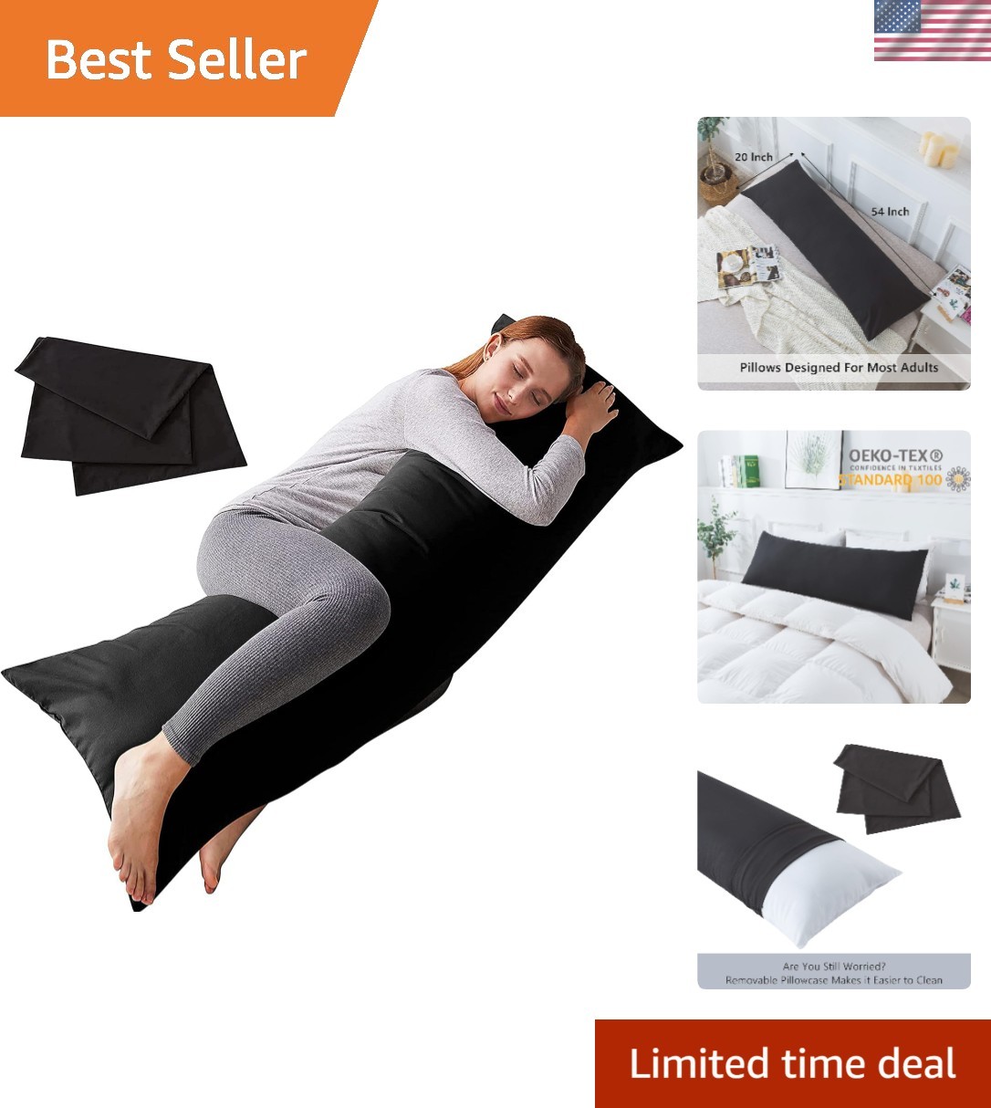 With Pillowcase - Soft Long Bed Pillow For Adults - Breathab