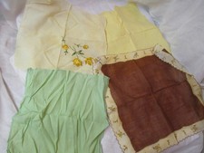 Vintage 4 Handkerchiefs Embroidered Flowers brown yellow green