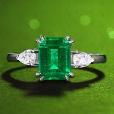 3.20Crt Emerald Natural Emerald and Diamond 3- Stone Ring 18K White Gold Plated