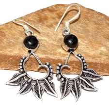 925 Silver Plated Leaf Black Onyx Earrings Handmade Jewelry Size 2.1" MJ