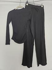 Solid Black Ribbed Long Sleeve Stretchy Comfy Pajama Set Women's Small