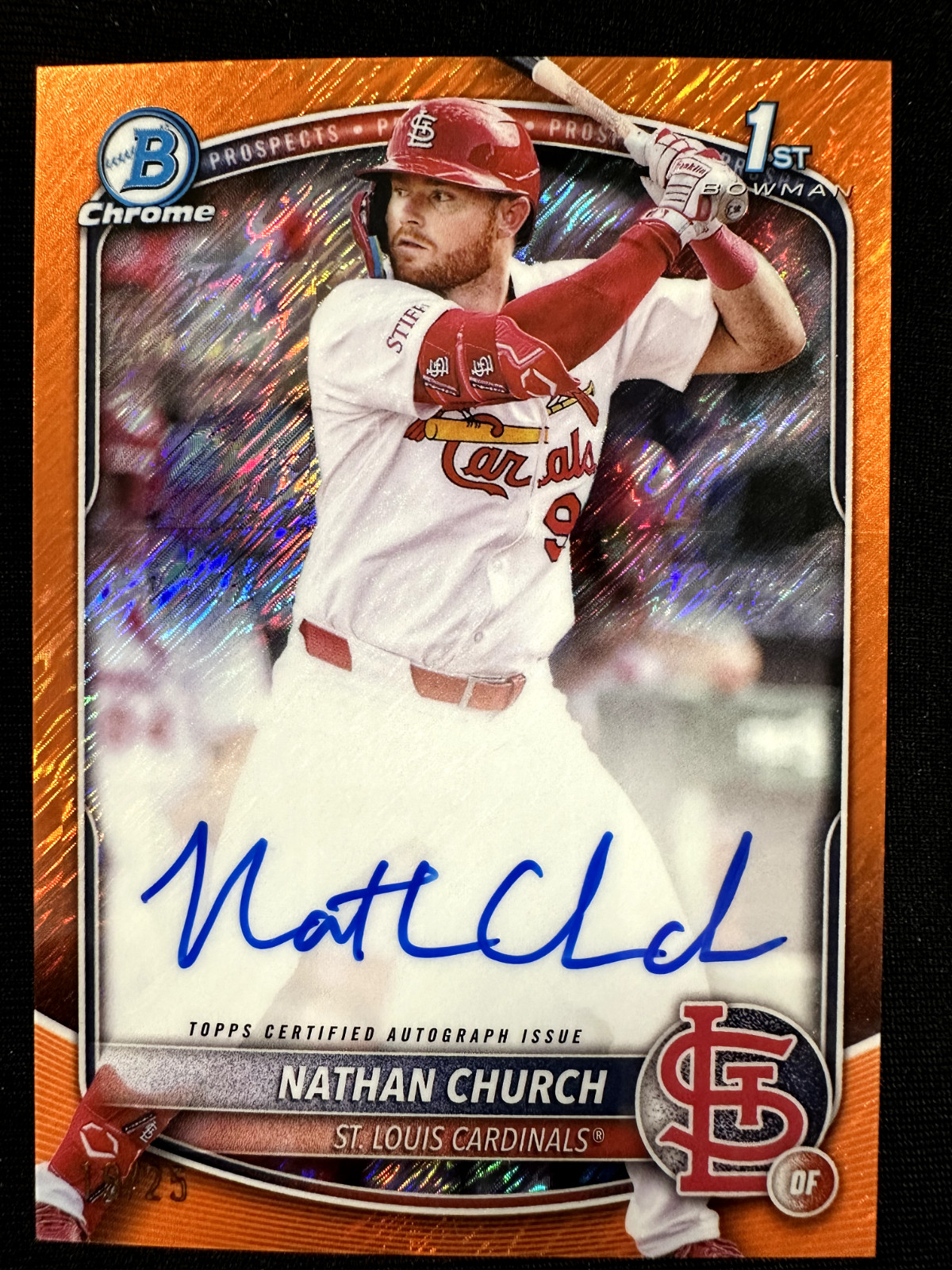 2025 Bowman Chrome Nathan Church Orange Shimmer Auto /25 1st Cardinals