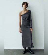 ZARA ASYMMETRIC DRAPED MIDI MAXI BODYCON PENCIL SHIFT DRESS GREY NEW Size M 
