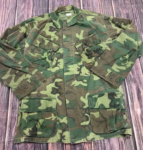 Vtg 60’s USMC Vietnam Military Poplin Camo Jungle Fatigue Jacket Slant Pocket M