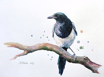 Elster Aquarell Gemälde signiert Original ungerahmtes Kunstwerk (kein Druck)