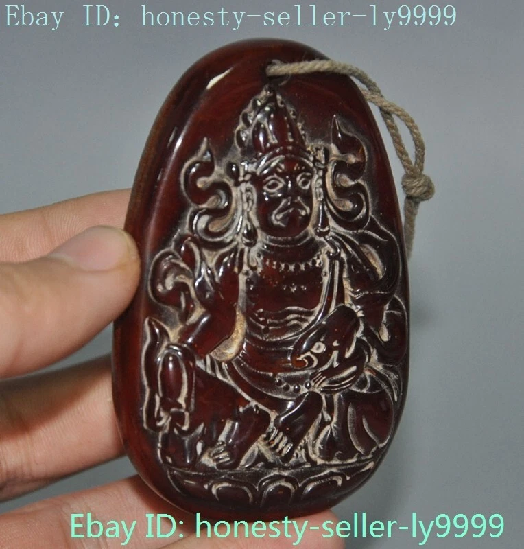 Tíbet Budismo Templo Ámbar Tallado Amarillo Jambhala Buda Estatua Amuleto Colgante Foto 3 de 4