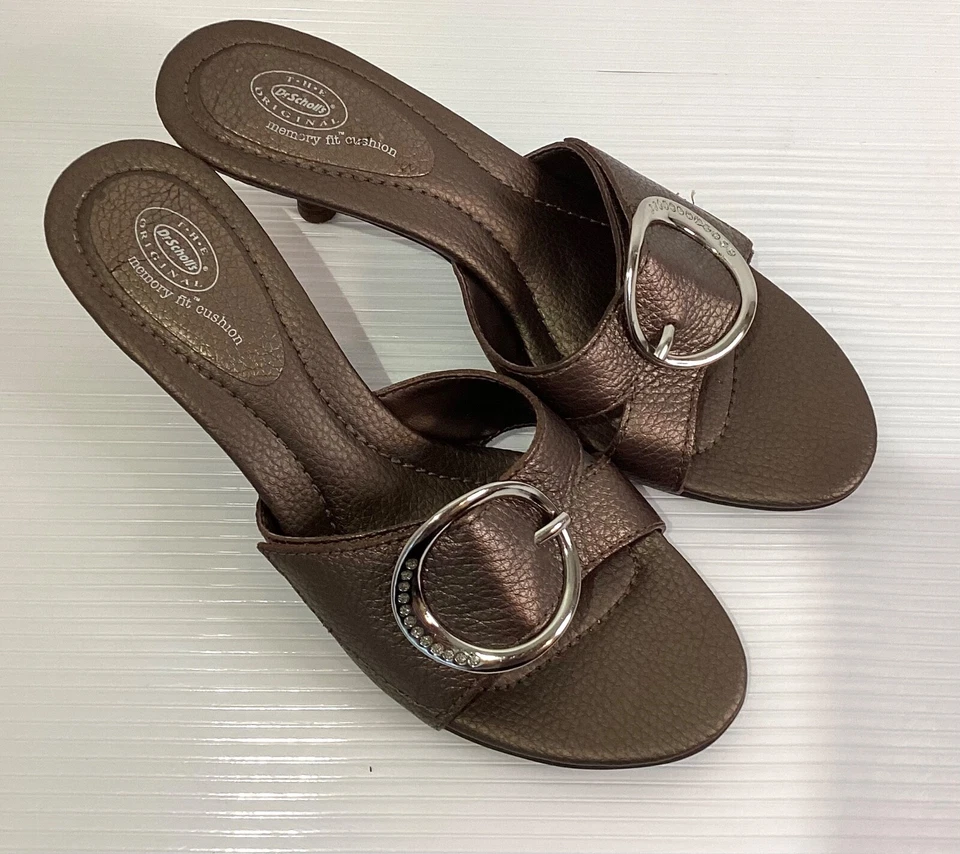 Dr. Scholl’s Size 8M Leather Woman’s Sandals Slip on Shoes Color Bronze Heel 2” - Image 3 of 4
