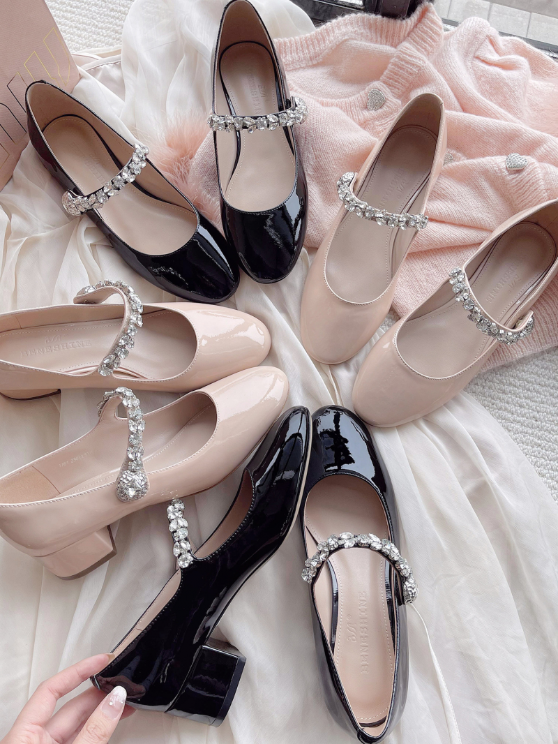 One Line Belt Medium Thick Heel Mary Jane Women Round Head Rhinester Shoes