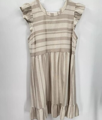 Hem & Thread Medium Striped Babydoll Dress Women Tan Ruffle Tie Back Linen Blend