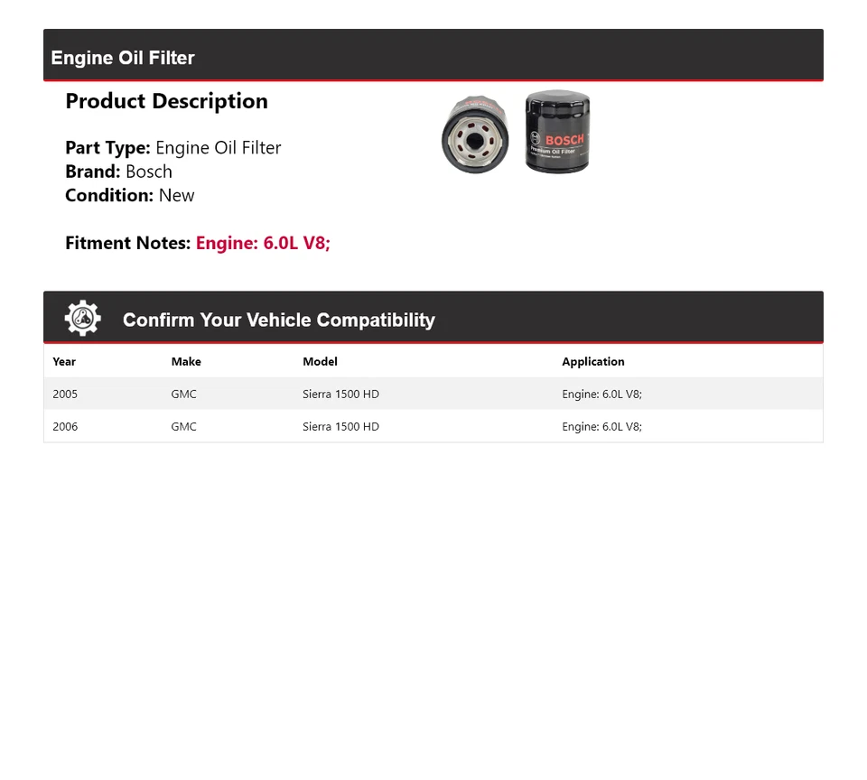 Filtro de aceite Bosch Premium para GMC Sierra 1500 HD 2005-2006 6,0 L V8 Foto 2 de 3