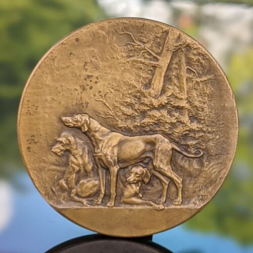 Antique French Bronze Hunting Dog Medal Award - Afbeelding 1 van 6