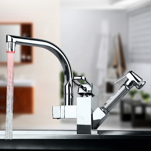 LED 360° Swivel Deck Mount Faucet Basin Kitchen Pull Out Spray Sink Mixer Tap - Picture 6 of 8