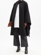 Jil Sander Coat Uk 10-14 Black 100 % Wool Hooded Cape Concealed Buttons