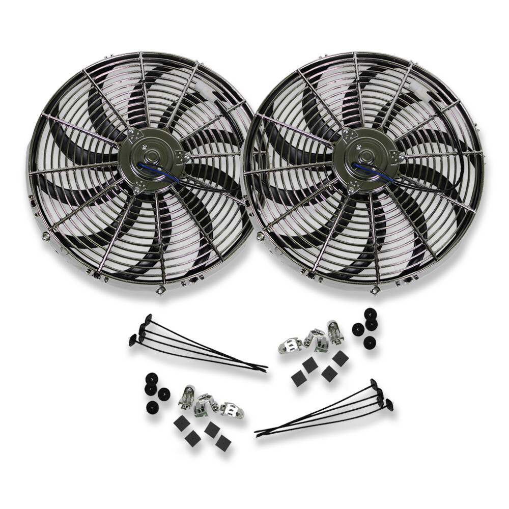 Chromed Curved Dual 16" Blade Reversible Electric Cooling Fan w/Mounting Kit GM