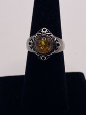 Vintage Sterling Silver 925 Baltic Amber Cabochon Ring 7.5 Size