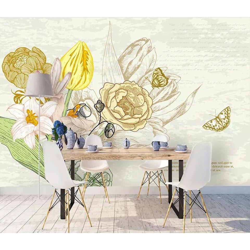 Yellow Tulip Lily Flower Watercolor Drawing Removable Yellow H49" x W