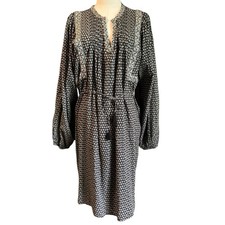 Old Navy Swing Shift Dress Peasant Boho SZ LG Black W/ Cream Floral Belt Pockets