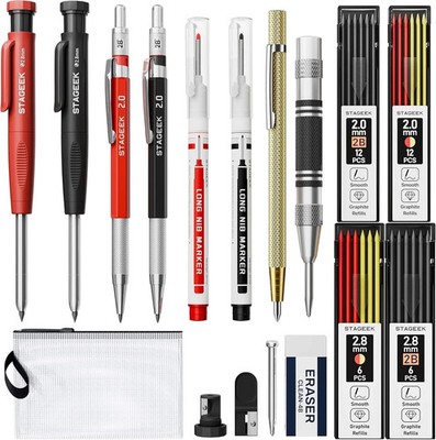 17 Pack Mechanical Carpenter Pencil Set with Sharpener 40 Red+Black(17pcs)