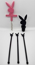 PLAYBOY Barware Lot - Pink Wine Opener, Black Wine Stopper, 3 VTG Swizzel Sticks