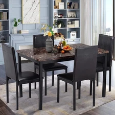 5 Piece Dining Room Table Set 4 Faux Leather Chairs Faux Marble Kitchen Table