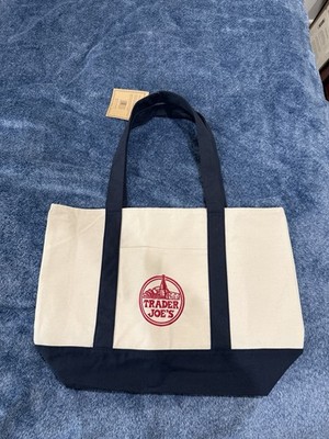 Trader Joe's Reusable Foldable Canvas Shopping Bag Beige Navy Blue