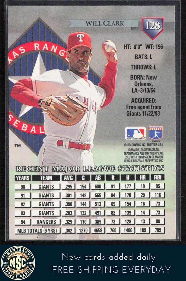 Will Clark 1995 Donruss #128 Texas Rangers - Image 2 of 2