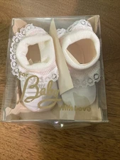Vintage New Old Stock Baby Shoes Ivory And Pink Size One For Baby With Love