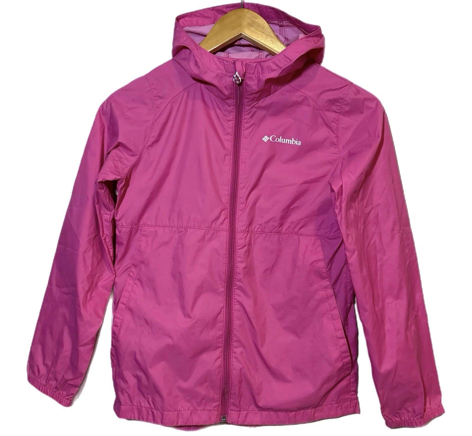 Columbia Girls Jacket Pink Rain Windbreaker Hooded Size Medium 10/12 Kids