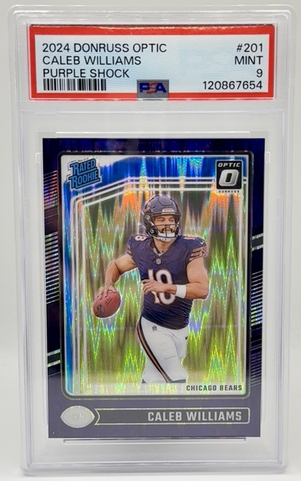 2024 Panini Optic Rated Rookie Caleb Williams #201 Purple Shock Prizm (RC) PSA 9