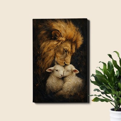 Lion With White Lamb Canvas Print Tender Emotional Wildlife Painting