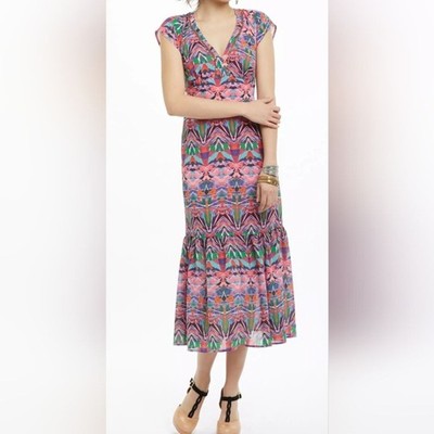 Anthropologie Vanessa Virginia Pink Tiered Boho Beaded Ruffle Mural Maxi Dress 8