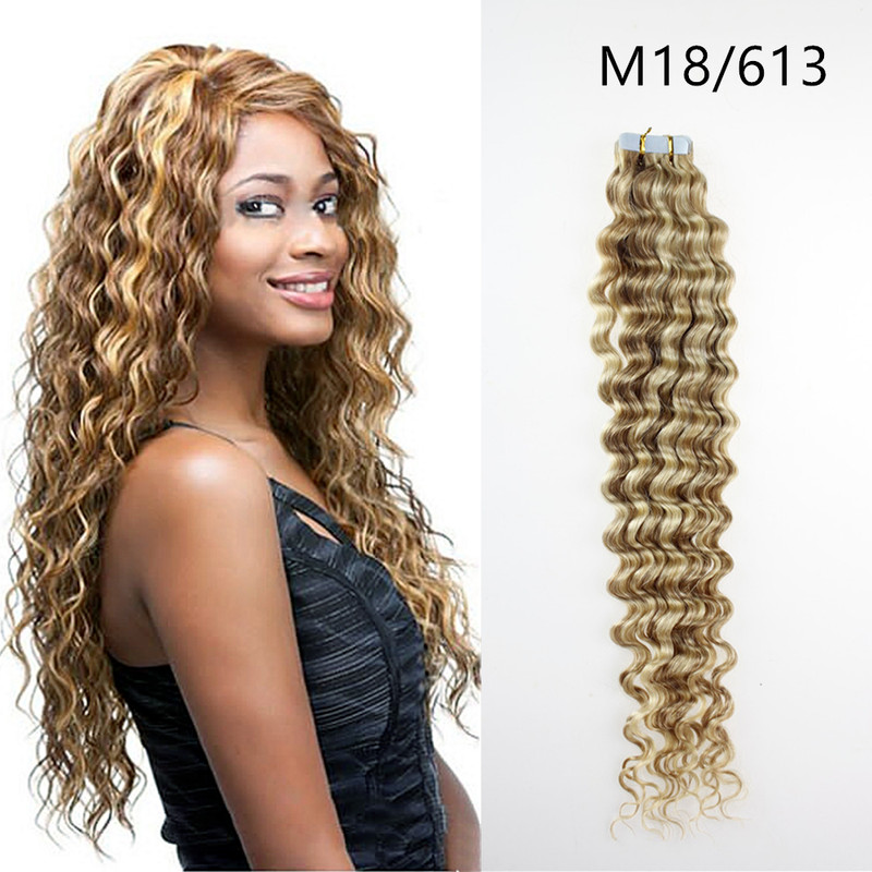 Tape In Remy Human Hair Extensions Curly Invisible Skin Weft Balayage 18/613 18"