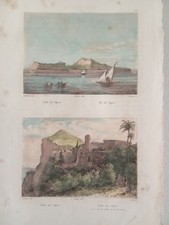 Antica Incisione su Acciaio 1850 ca. Città di Capri / Torre di Tibero Napoli