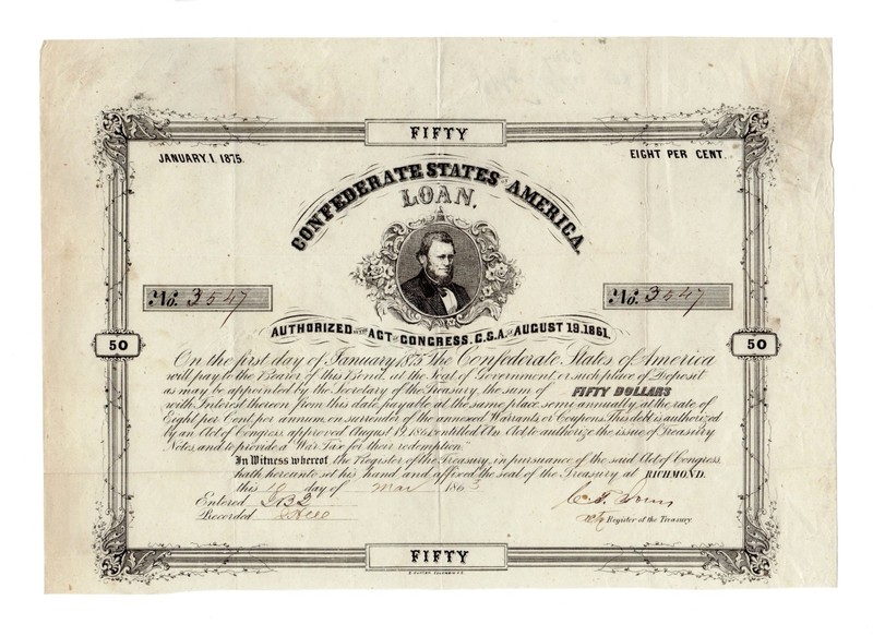 1863 Cr.20 $50 The Confederate States of America War Bond