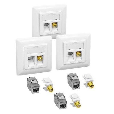 3x Cat6A Netzwerkdose mit Keystone Jack Modul 10Gbit RJ45 LAN + TV SAT F-Antenne