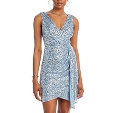 Eliza J Women's Cocktail Dress Size 16 Blue Sequined Sleeveless V-Neck Sheath