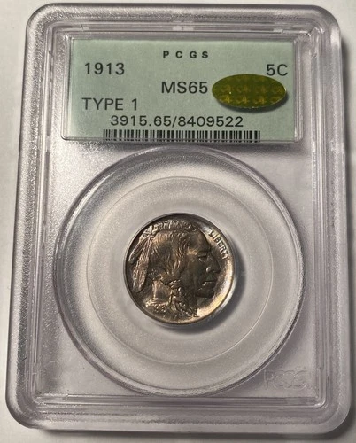 1913 Type 1 Buffalo Nickel PCGS MS65 Gold CAC Sticker OGH Light Pastel Toning