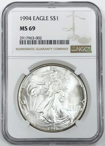 1994 AMERICAN SILVER EAGLE NGC MS 69! NEAR PERFECT STRIKE! NICE LUSTER! NR#G3528